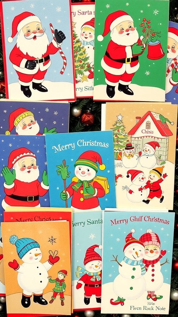 Vintage 1960s Christmas Card Collection A colorful assortment of vintage 1960s Christmas cards with playful designs.